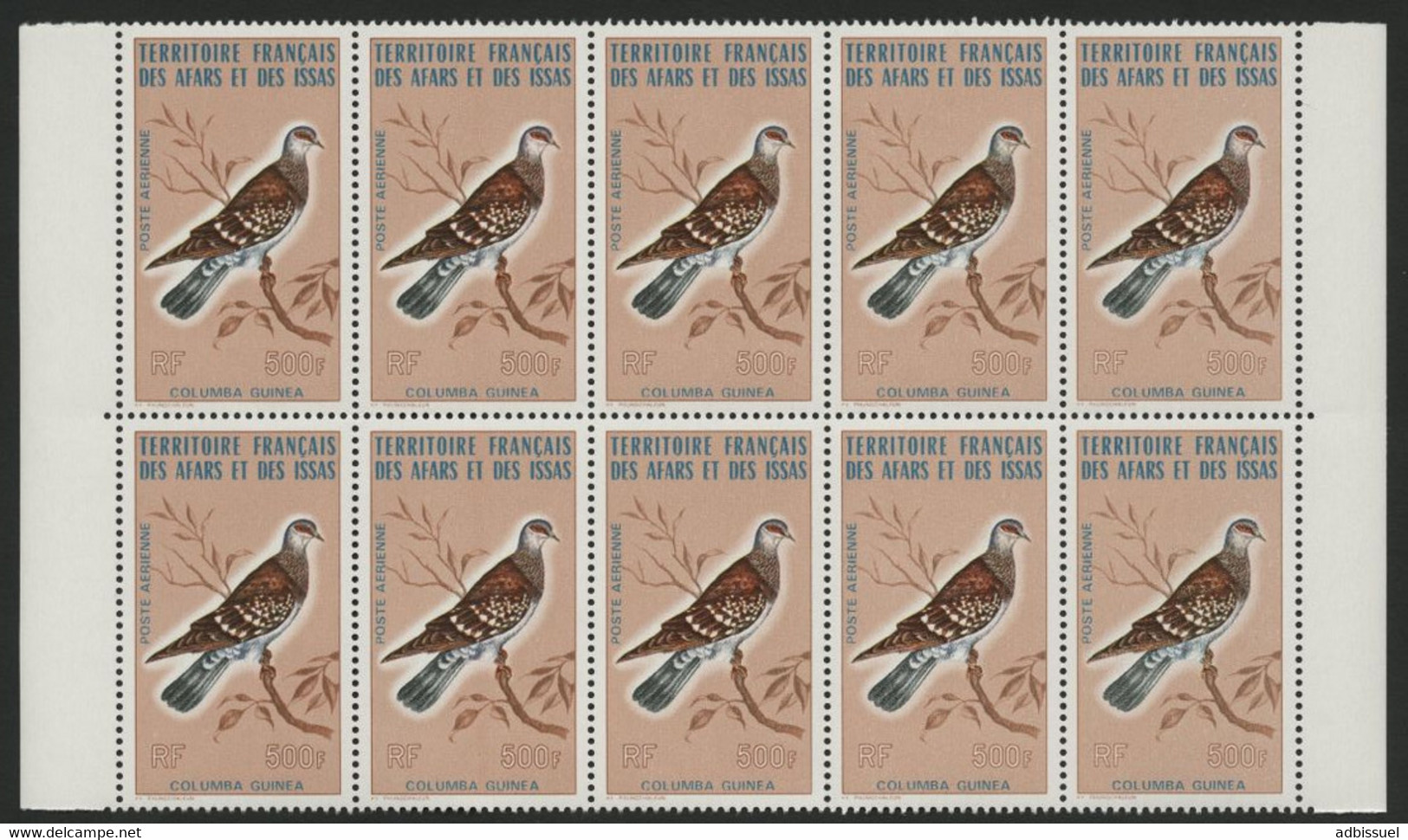 AFARS Et ISSAS COTE 360 € POSTE AERIENNE N° 105 MNH ** Bloc De 10. OISEAUX BIRD COLOMBE DOVE COLUMBA GUINEA TB/VG - Ongebruikt