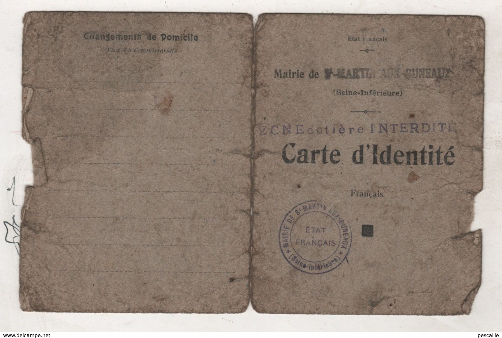 76 SEINE MARITIME - SAINT MARTIN AUX BUNEAUX - CARTE D'IDENTITE / ZONE COTIERE INTERDITE - 1941 - Documenti Storici