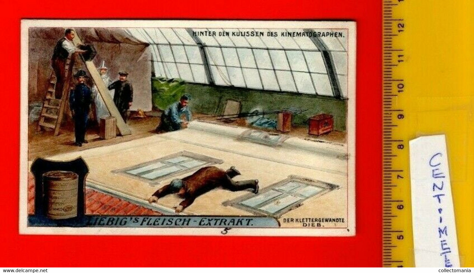 6 original GOUACHES paintings : litho stone preparing Liebig cards proof set , c1912 LIEBIG 1070 TRICKS of cinema 7X12cm