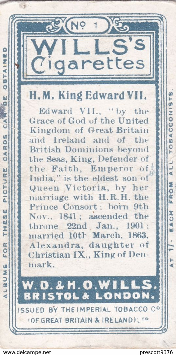1 HM King Edward VII  -  Portraits Of European Royalty - 1908 -  Wills Cigarette Card - Original  - Antique- RP - Andere & Zonder Classificatie