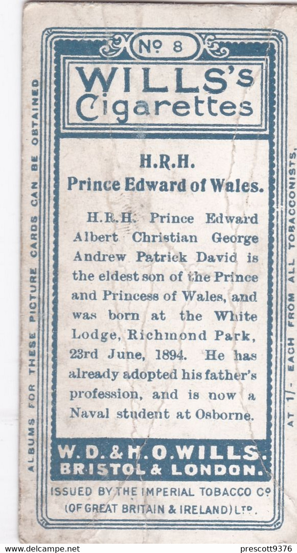 8 Prince Edward Of Wales  -  Portraits Of European Royalty - 1908 -  Wills Cigarette Card - Original  - Antique- RP - Player's