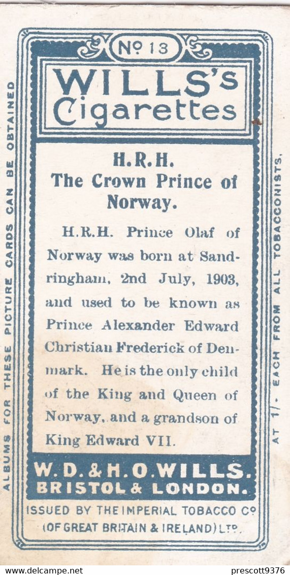 13 Olaf Crown Prince Of Norway -  Portraits Of European Royalty - 1908 -  Wills Cigarette Card - Original  - Antique- RP - Player's