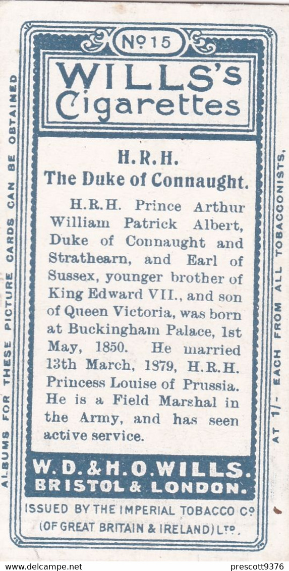 15 Duke Of Connaught -  Portraits Of European Royalty - 1908 -  Wills Cigarette Card - Original  - Antique- RP - Player's