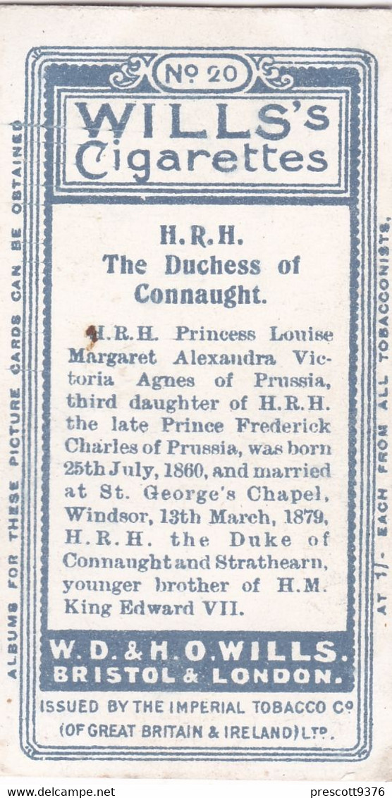 20 Duchess Of Connaught -  Portraits Of European Royalty - 1908 -  Wills Cigarette Card - Original  - Antique- RP - Player's