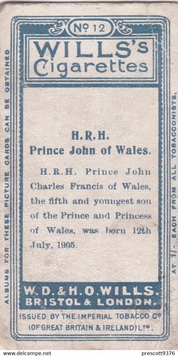 12 Prince John Of Wales -  Portraits Of European Royalty - 1908 -  Wills Cigarette Card - Original  - Antique- RP - Player's