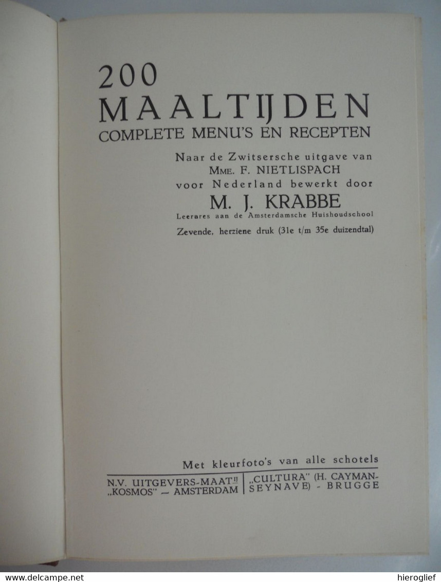 200 MAALTIJDEN CONCRETE  MENU'S En RECEPTEN Door Krabbe Oud Kookboek Koken Voedsel Bereiden - Praktisch