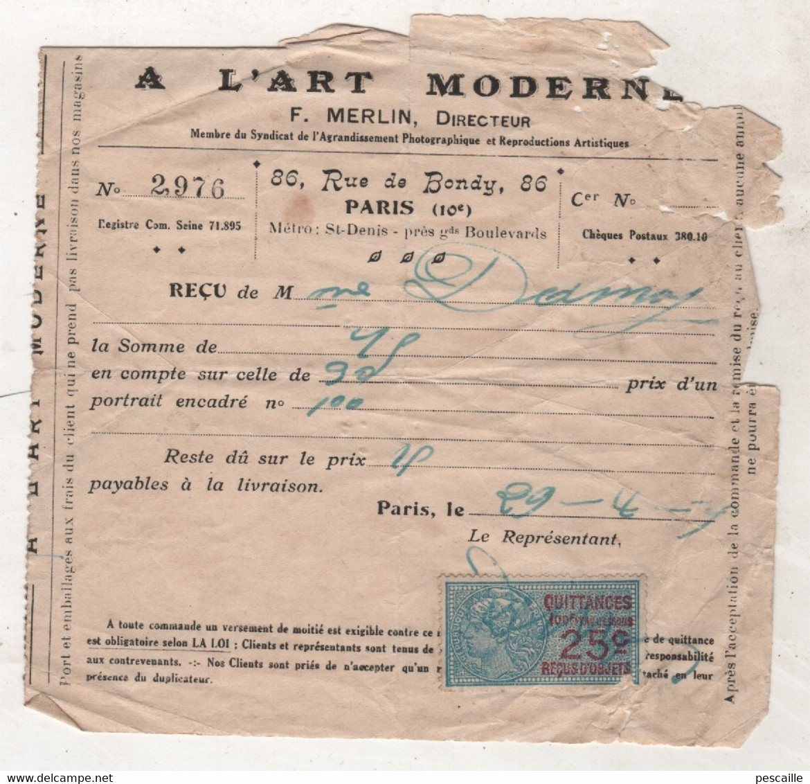 FACTURE A L'ART MODERNE F. MERLIN DIRECTEUR RUE DE BONDY PARIS 10e - PORTRAIT ENCADRE - 1900 – 1949