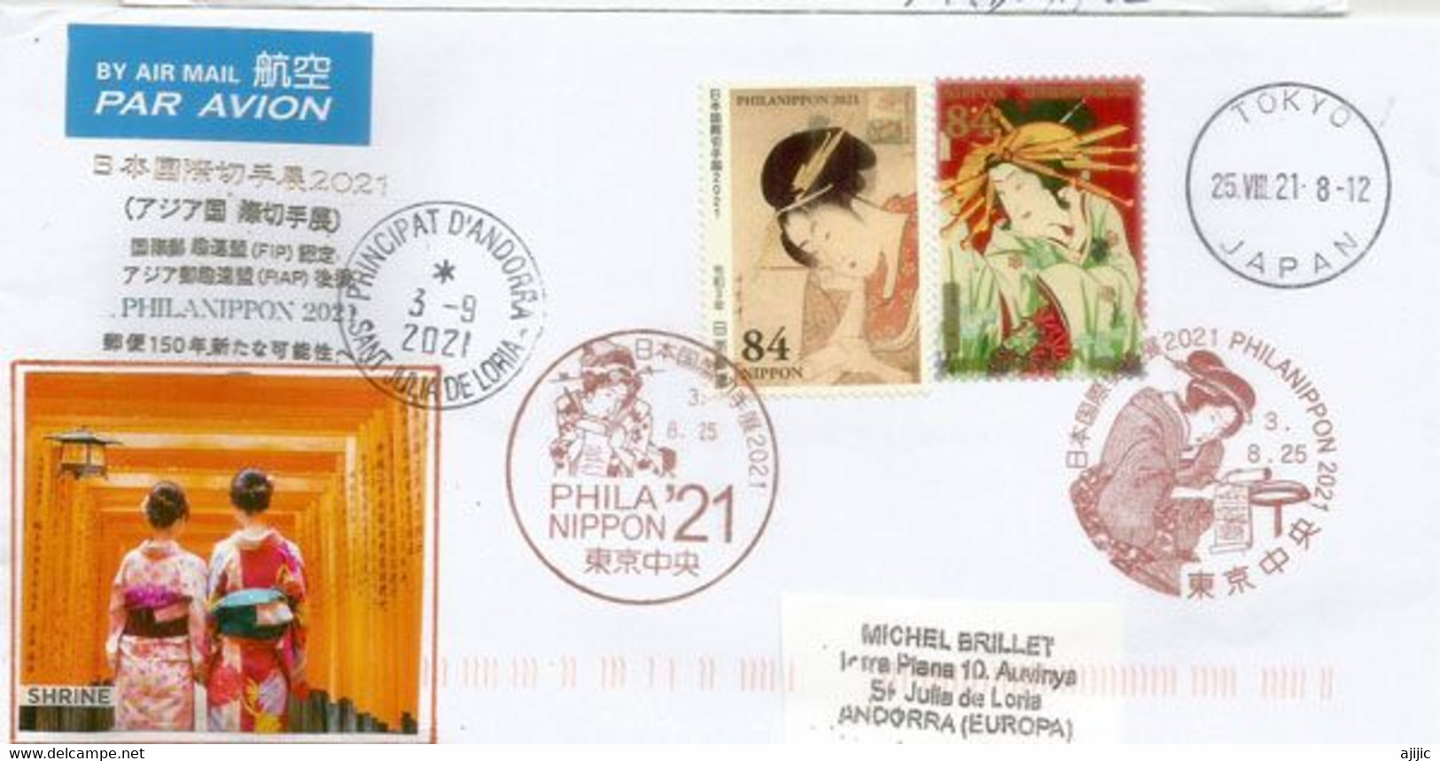 Philanippon 2021 (Geisha) , Lettre De Tokyo, Adressée En Andorre, Avec Timbre à Date Arrivée - Storia Postale