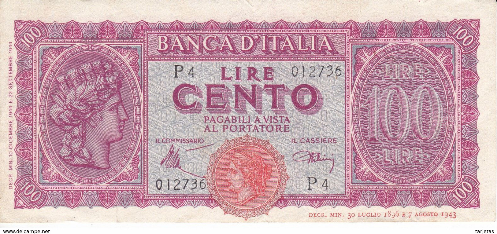 BILLETE DE ITALIA DE 100 LIRAS DEL AÑO 1944  (BANKNOTE) - 100 Liras