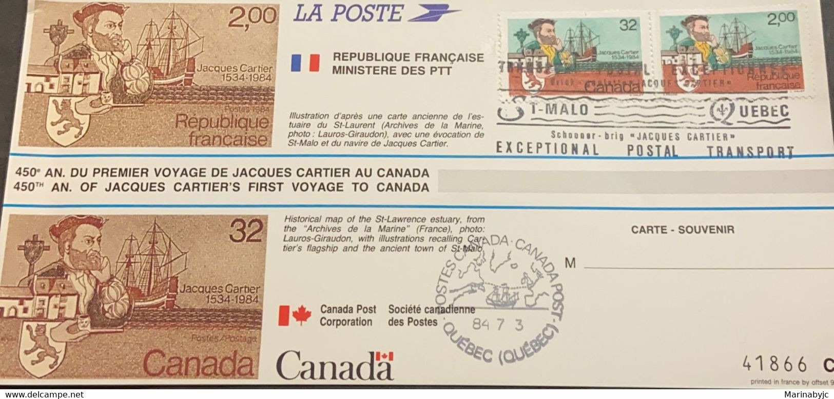 SL) 1984 JOINT ISSUE FRANCE AND CANADA, 450 YEARS OF THE FIRST JOURNEY OF JACQUES CARTIERS TO CANADA, BOAT, MAP, MAXIMUM - Maximum Cards