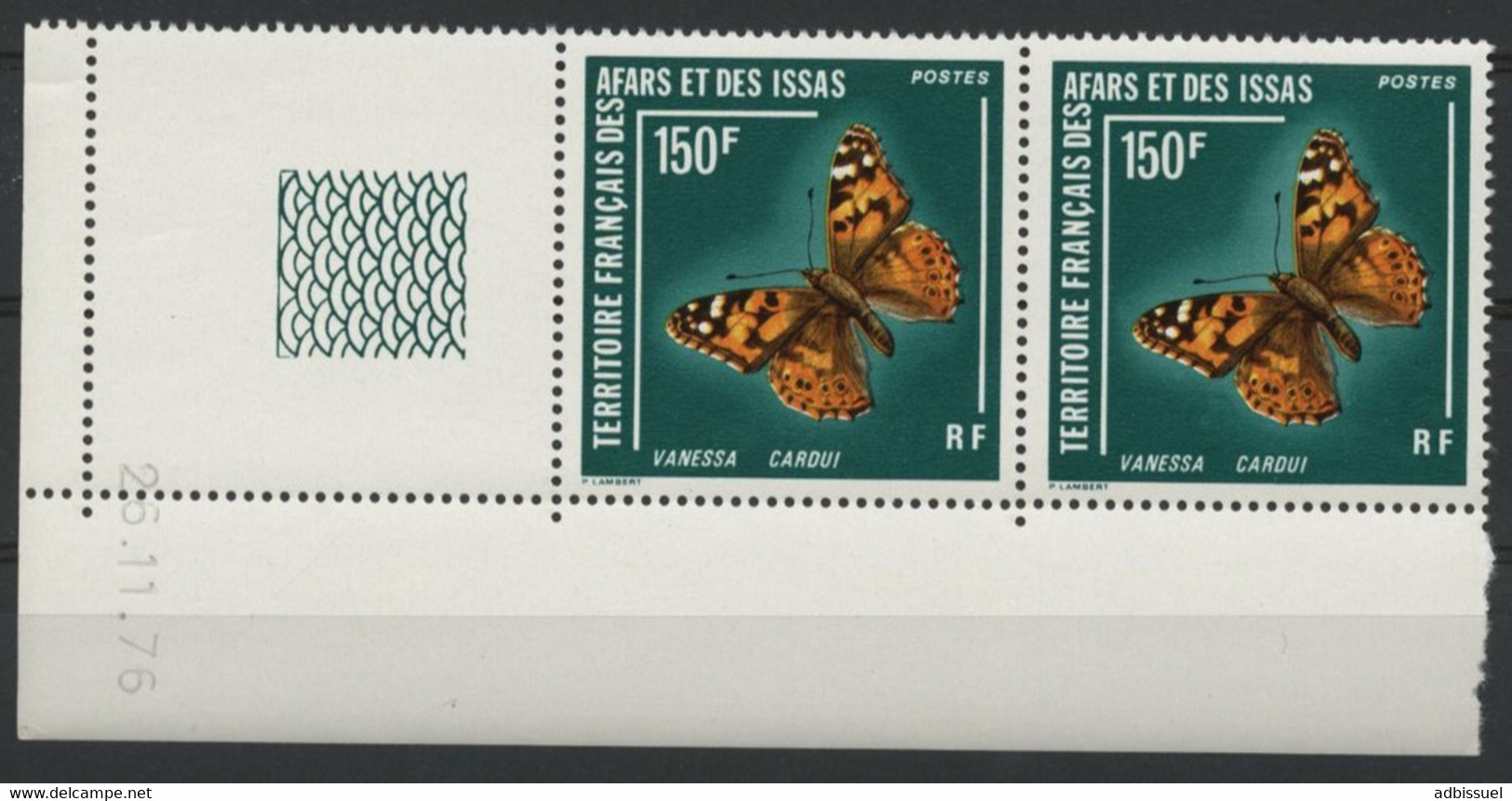 AFARS Et ISSAS COTE 30 € N° 439 MNH ** PAIRE Avec Coin Daté Du 25/11/76. PAPILLONS BUTTERFLY VANESSA CARDUI. TB/VG - Neufs