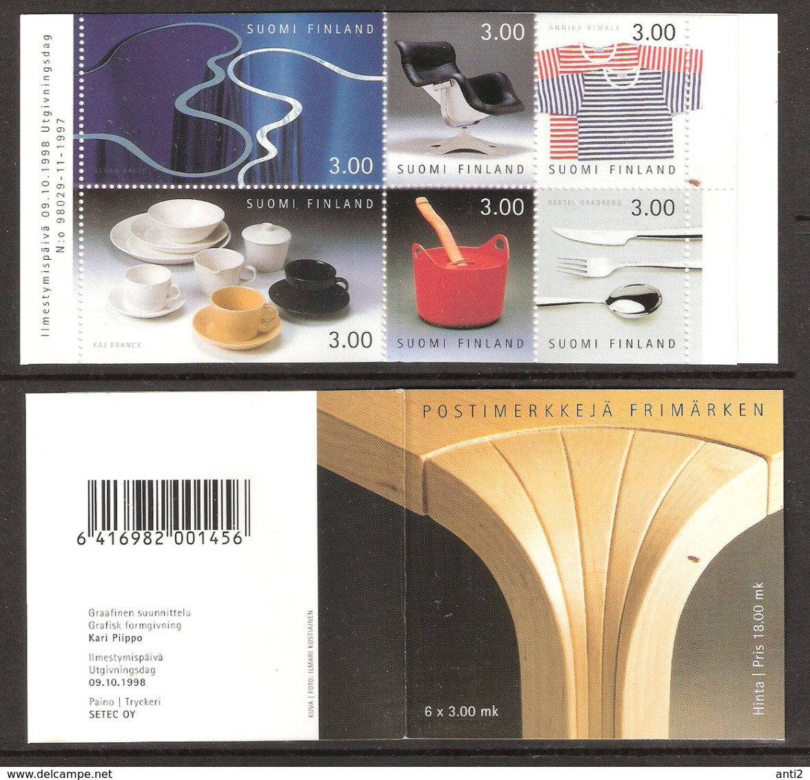 Finland 1998 Finnish Design (I)  Mi  1451-1456  In Booklet MH 52  MNH(**) - Cartas & Documentos