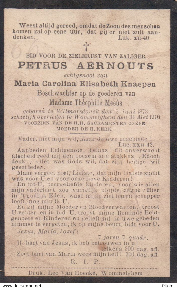 Doodsprentje Petrus Aernouts (x Maria Knaepen ) Boswachter Goederen Madame Théophile Meeus ° Wilmarsdonck Wommelgem - Imágenes Religiosas