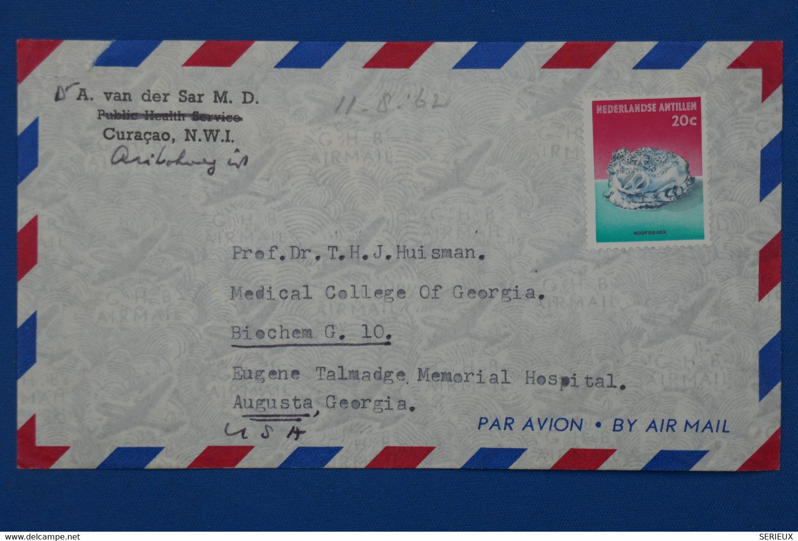 ¤12 NED. ANTILLEN  BELLE LETTRE 1962 CURACAO  POUR AUGUSTA USA + AEROPHILATELIE  +AFFRANCH . INTERESSANT - Curaçao, Nederlandse Antillen, Aruba