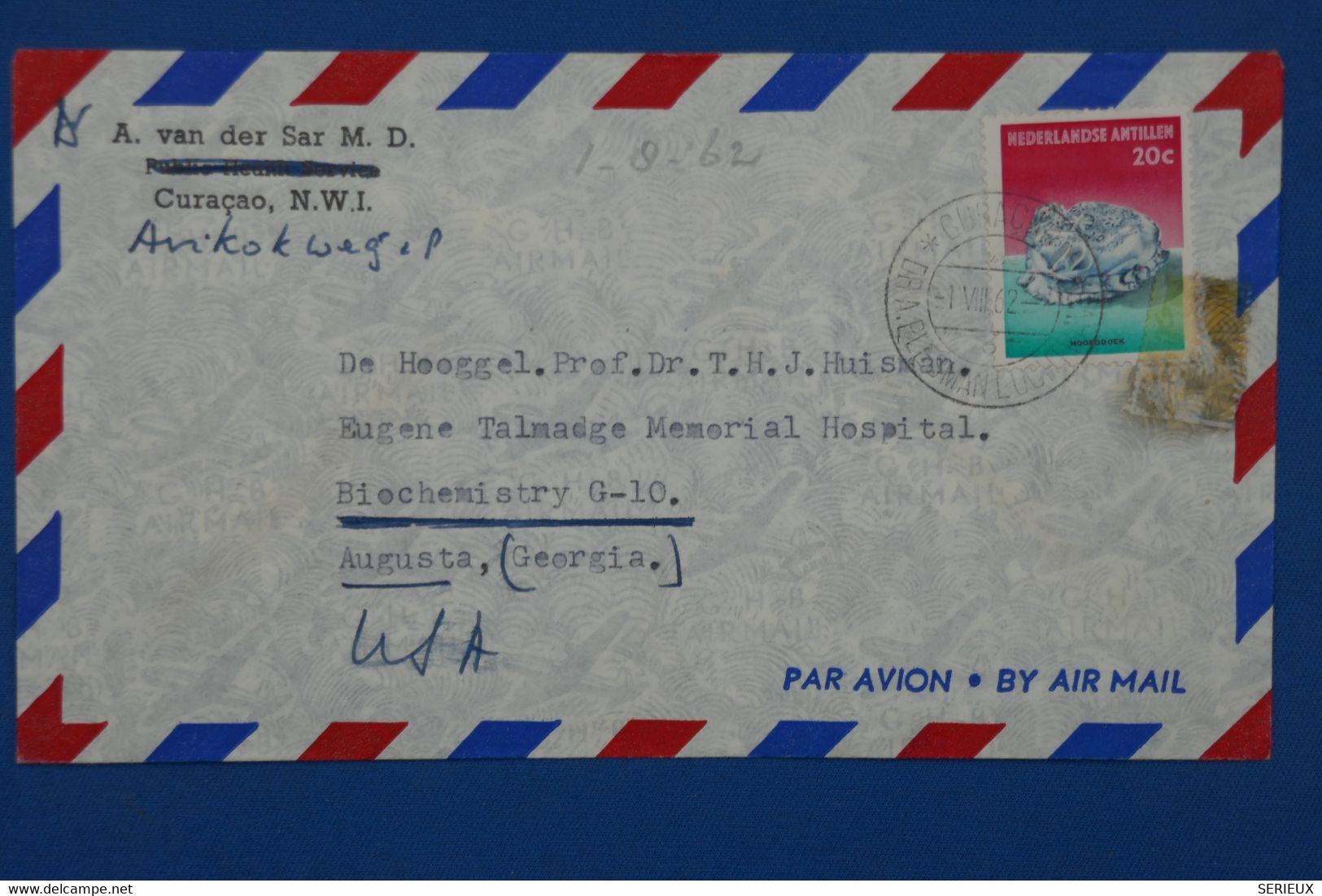 ¤12 NED. ANTILLEN  BELLE LETTRE 1962 CURACAO  POUR AUGUSTA USA + AEROPHILATELIE  +AFFRANCH . INTERESSANT - Curaçao, Nederlandse Antillen, Aruba