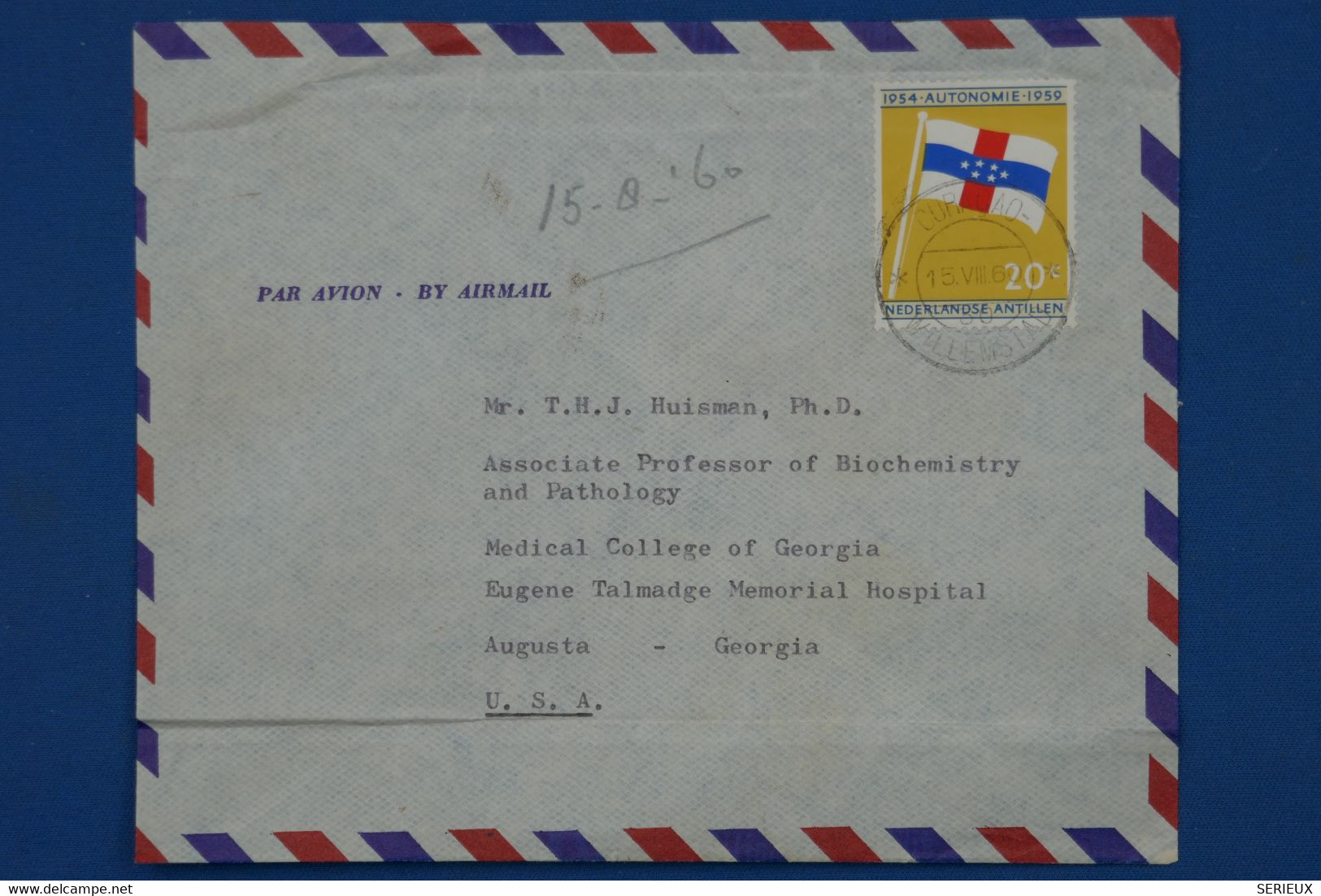 ¤12 NED. ANTILLEN  BELLE LETTRE 1962 CURACAO  POUR AUGUSTA USA + AEROPHILATELIE  +AFFRANCH . INTERESSANT - Curaçao, Nederlandse Antillen, Aruba