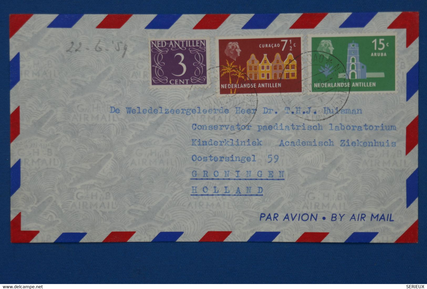 ¤12 NED. ANTILLEN  BELLE LETTRE 1959 CURACAO  POUR GRONINGEN NEDERLAND+ AEROPHILATELIE  +AFFRANCH . INTERESSANT - Curaçao, Nederlandse Antillen, Aruba