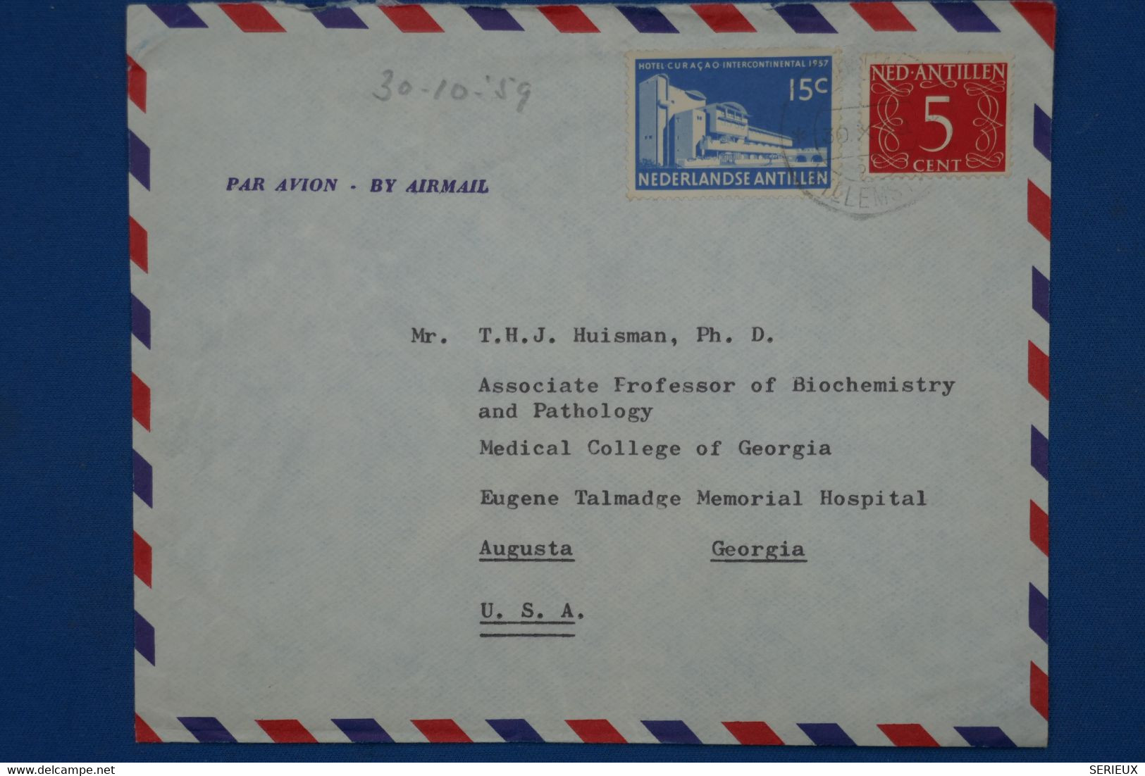 ¤12 NED. ANTILLEN  BELLE LETTRE 1959 CURACAO  POUR GRONINGEN NEDERLAND+ AEROPHILATELIE  +AFFRANCH . INTERESSANT - Curaçao, Nederlandse Antillen, Aruba