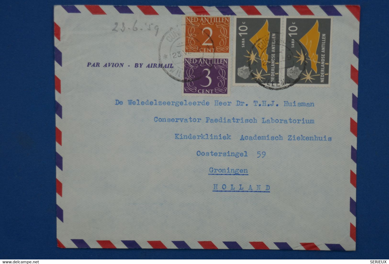 ¤12 NED. ANTILLEN  BELLE LETTRE 1959 CURACAO  POUR GRONINGEN NEDERLAND+PAIRE DE  AEROPHILATELIE  +AFFRANCH . INTERESSANT - Curaçao, Nederlandse Antillen, Aruba