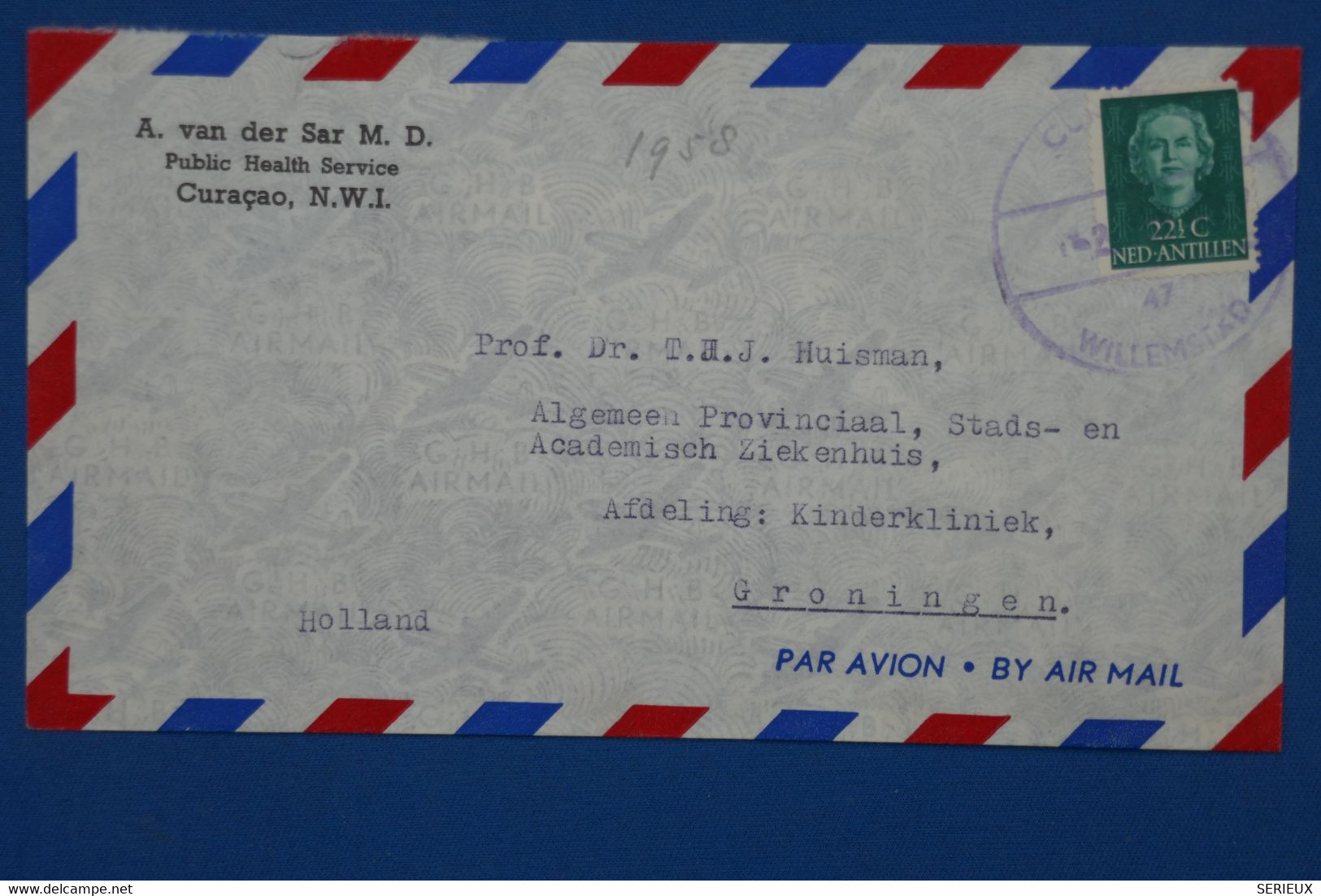 ¤12 NED. ANTILLEN  BELLE LETTRE 1958 CURACAO  POUR GRONINGEN NEDERLAND+PAIRE DE  AEROPHILATELIE  +AFFRANCH . INTERESSANT - Curaçao, Nederlandse Antillen, Aruba