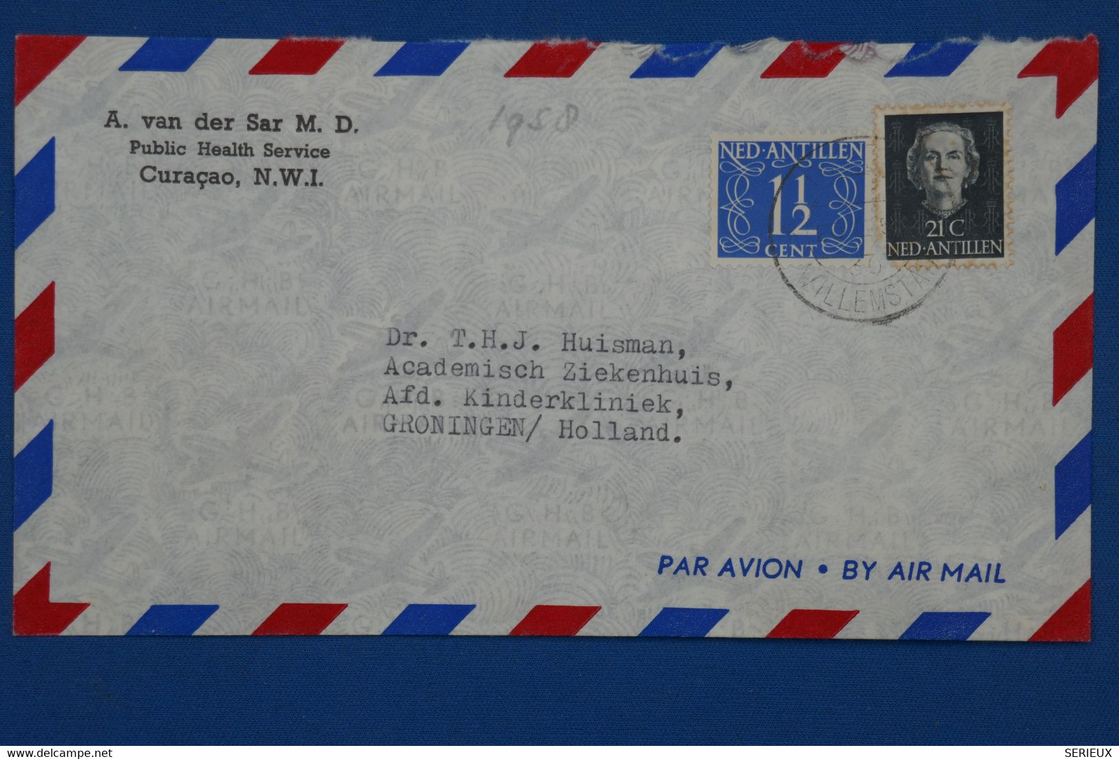 ¤12 NED. ANTILLEN  BELLE LETTRE 1958 CURACAO  POUR GRONINGEN NEDERLAND+PAIRE DE  AEROPHILATELIE  +AFFRANCH . INTERESSANT - Curaçao, Nederlandse Antillen, Aruba