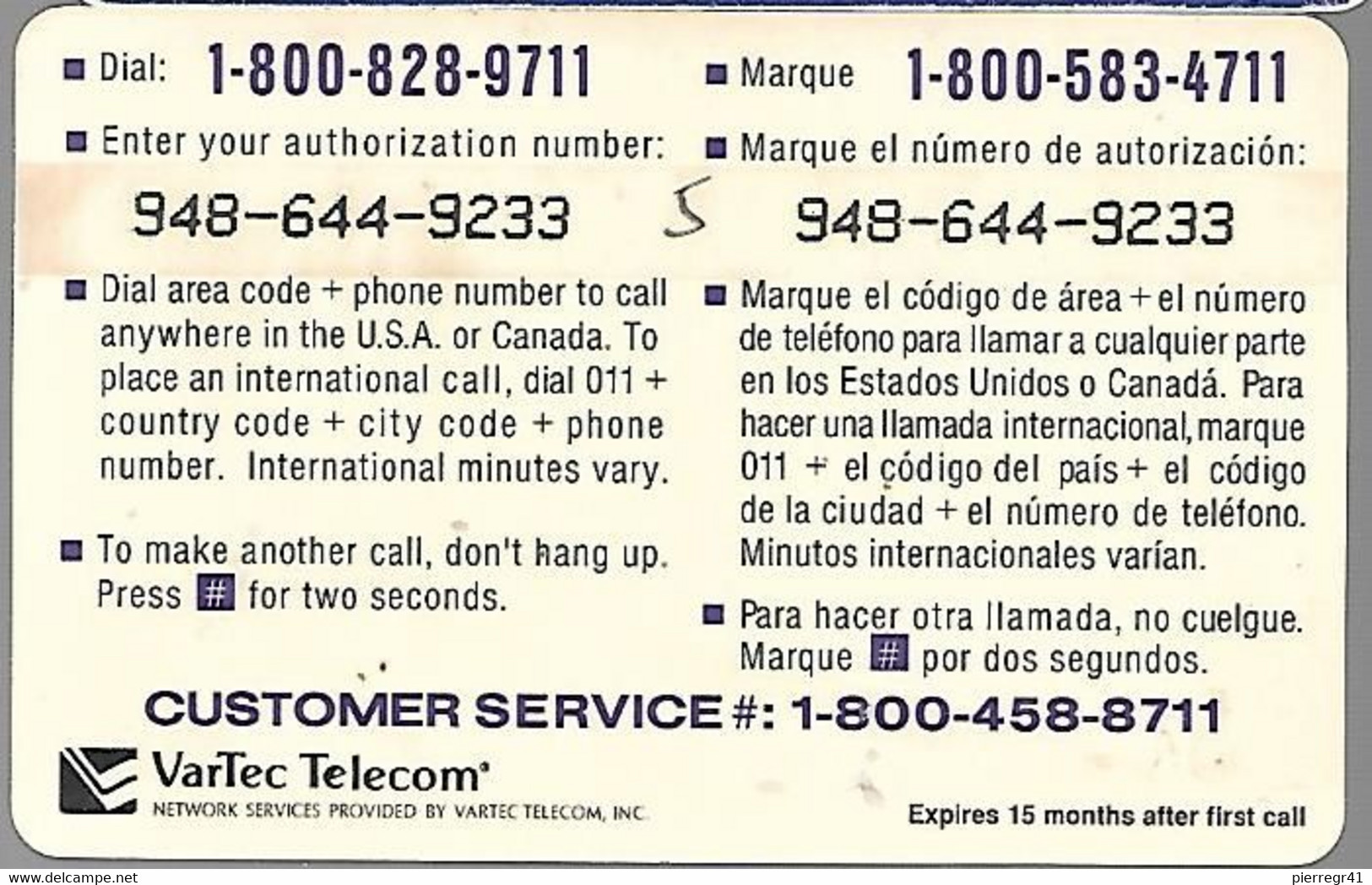 CARTE²-PREPAYEE-USA-VARTEC TELECOM--1 998-30Mn-7 ELEVEN- Gratté-Plastic Fin-TBE- - AT&T