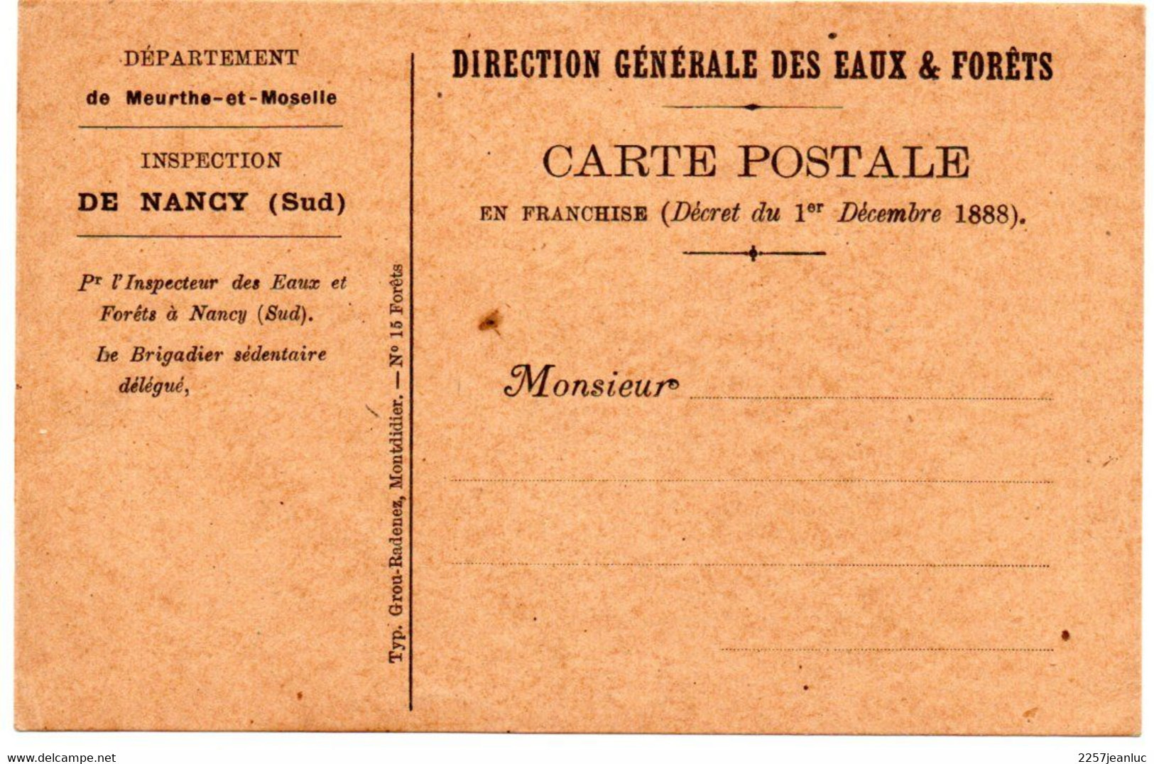 CP En Franchise  Inspection De Nancy (sud)  De La Direction Générale  Des Eaux & Forêts - Nancy