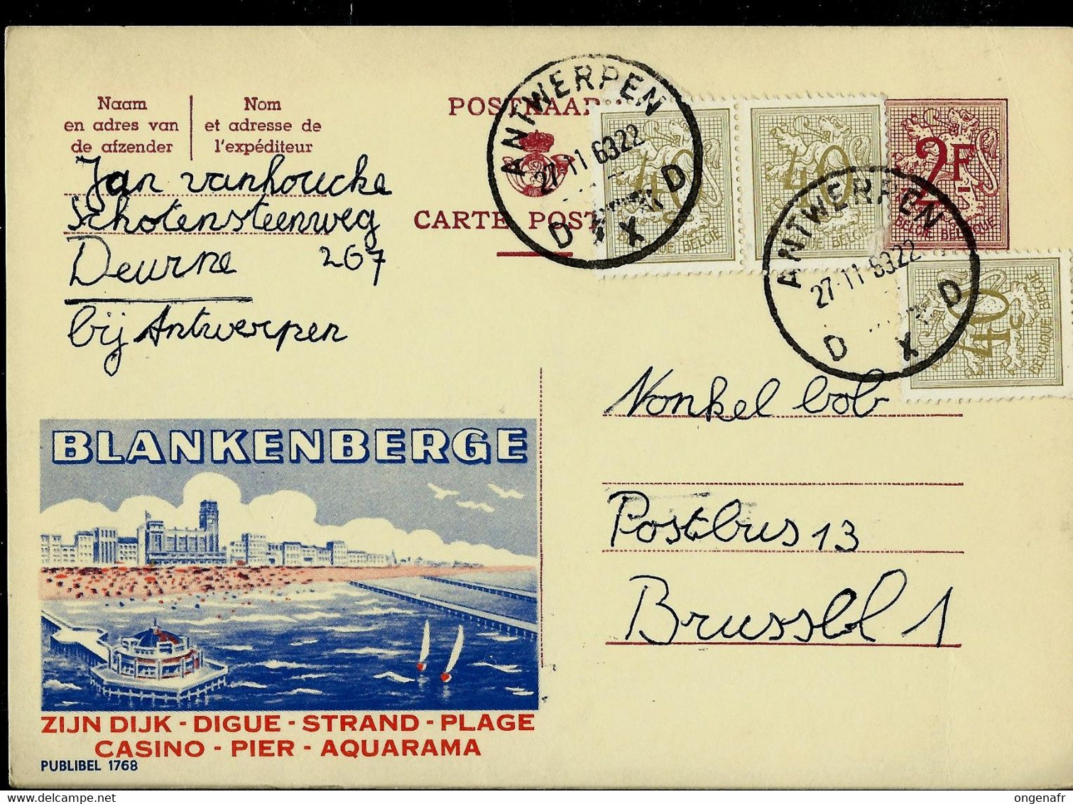 Publibel Obl. N° 1768  ( BLANKENBERGE : Casino- Aquarama - Plage ) Obl. ANTWERPEN - D X D - Du 27/11/63 - Publibels