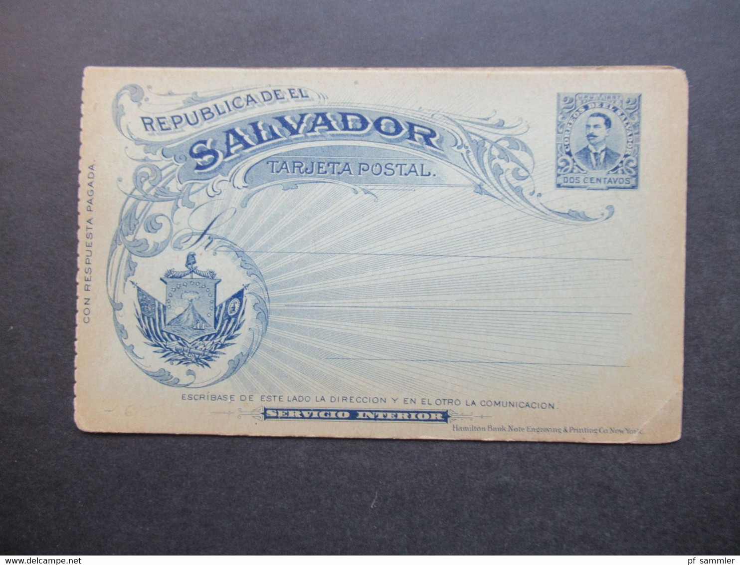 El Salvador Ganzsache / Doppelkarte Ungebraucht! Tarjeta Postal Servicio Interior Hamilton Bank Note Engraving - Salvador