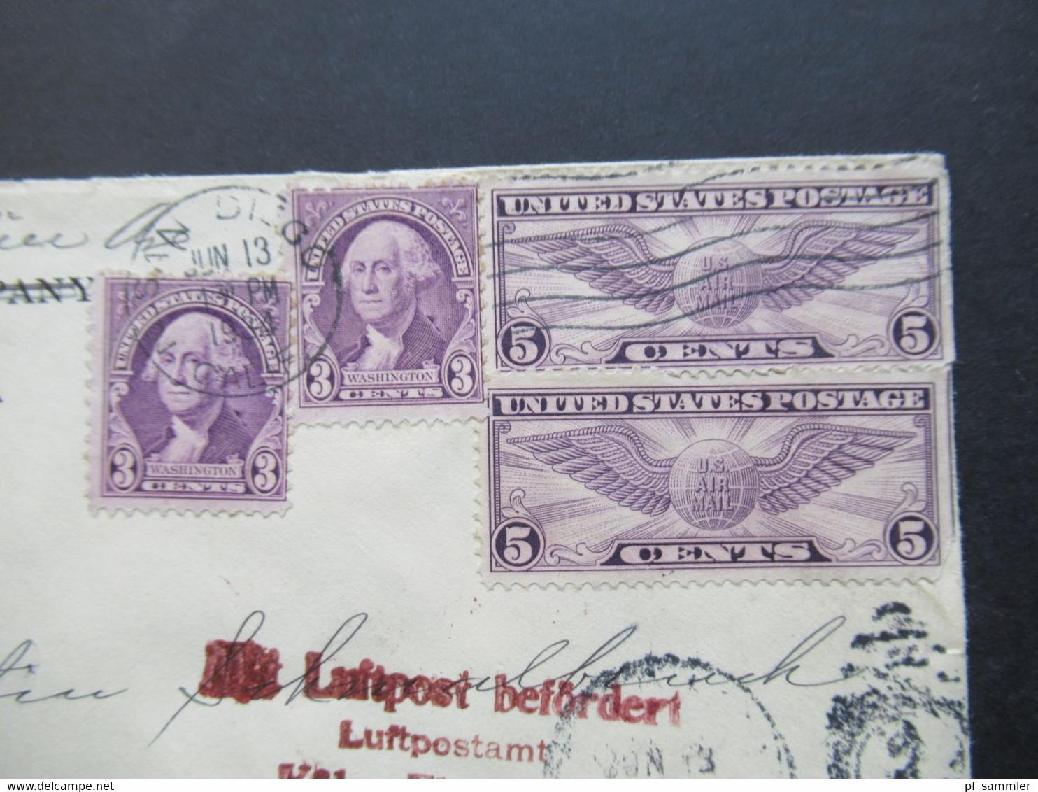 USA 1934 Flugpostmarke Nr. 321 Rechts Ungezähnt Roter Stempel Mit Luftpost Befördert Luftpostamt Köln Flughafen - Brieven En Documenten