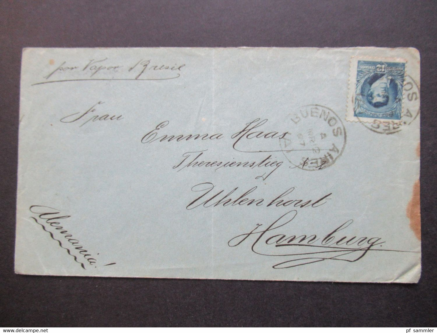 Argentinien 1897 Por Vapor Brazil Nach HH Mit KOS Hamburg Uhlenhorst Umschlag Adolfo Müller Y Aliverti Buenos Aires - Storia Postale