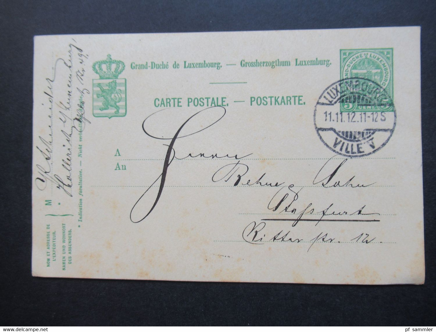 Luxemburg 1912 Ganzsache Stempel Luxembourg 11.11.12 11-12S Geschrieben In Hollerich Nach Staßfurt - 1907-24 Ecusson