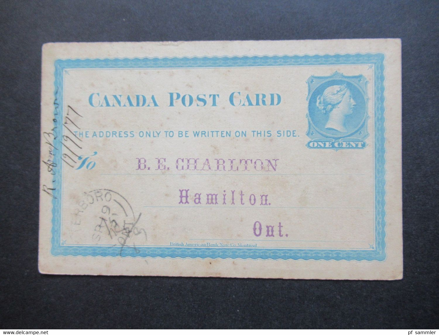 Kanada 1877 Canada Post Card Peterboro - Hamilton Bedruckte Karte / Bestellkarte Vinegar, Syrup Cider Etc. - Covers & Documents