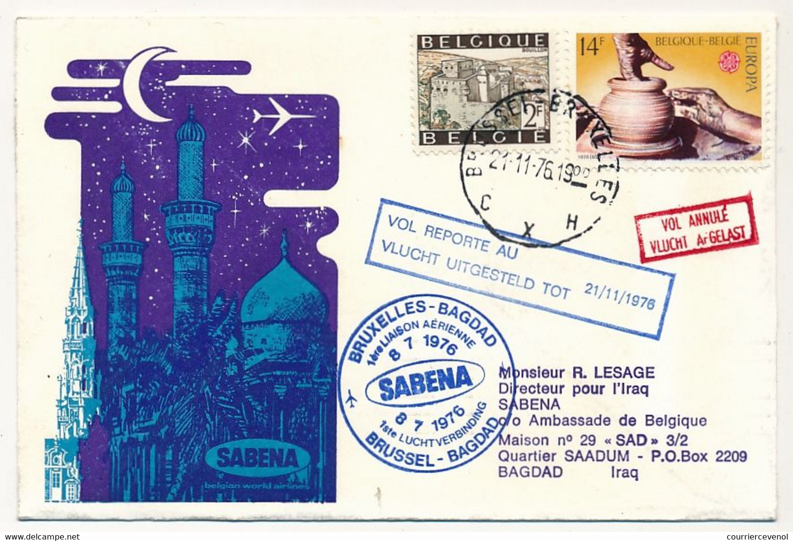 IRAN / BELGIQUE - 2 Enveloppes SABENA - 1ere Liaison Aérienne - BAGDAD - BRUXELLES - 8.7.1976 Et Retour - Irán