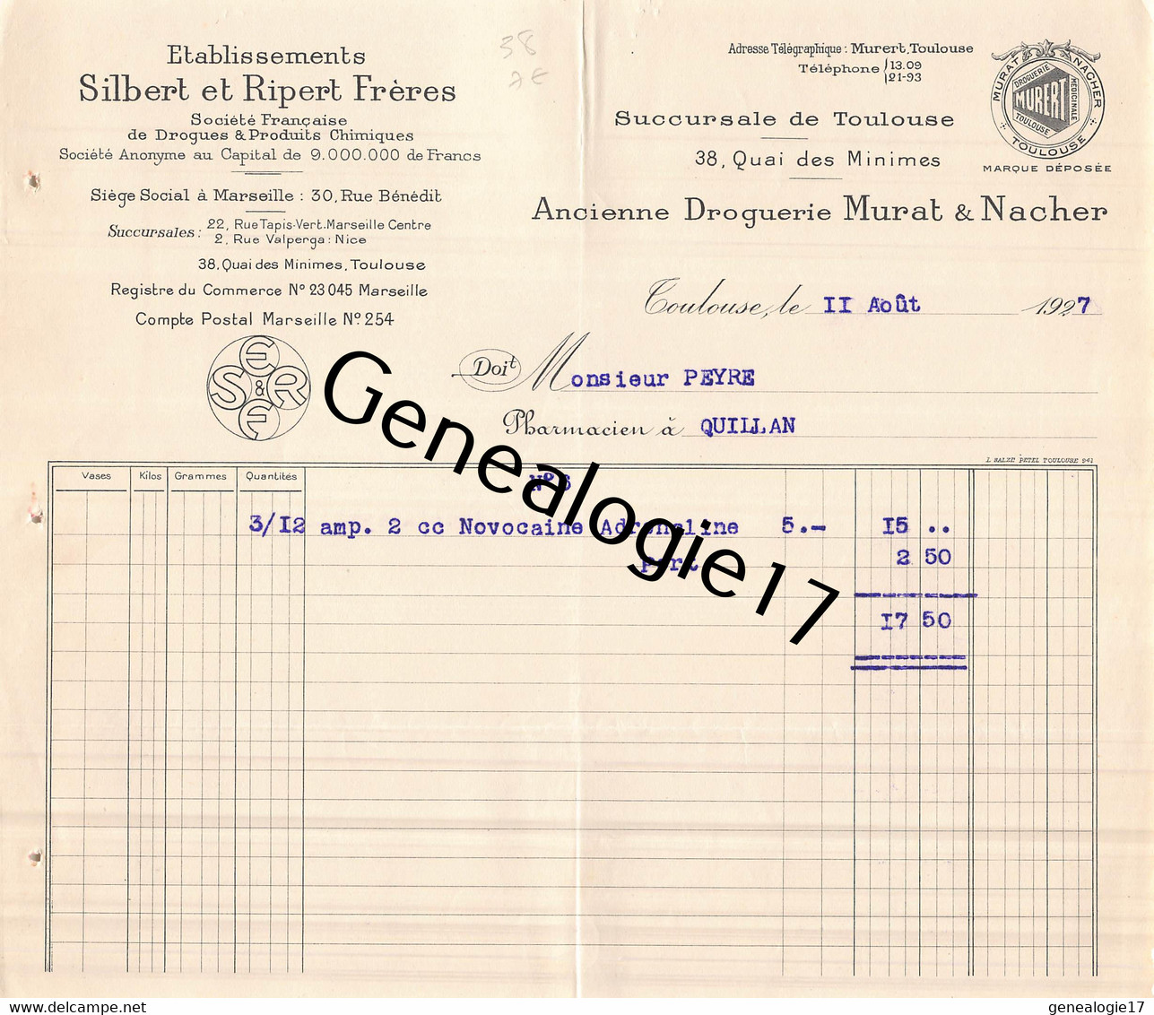 31 3047 TOULOUSE Haute Garonne 1927 Droguerie SILBERT - RIPERT FRERES Succ MURAT - NACHER Quai Des Minimes Dest PEYRE - Droguerie & Parfumerie