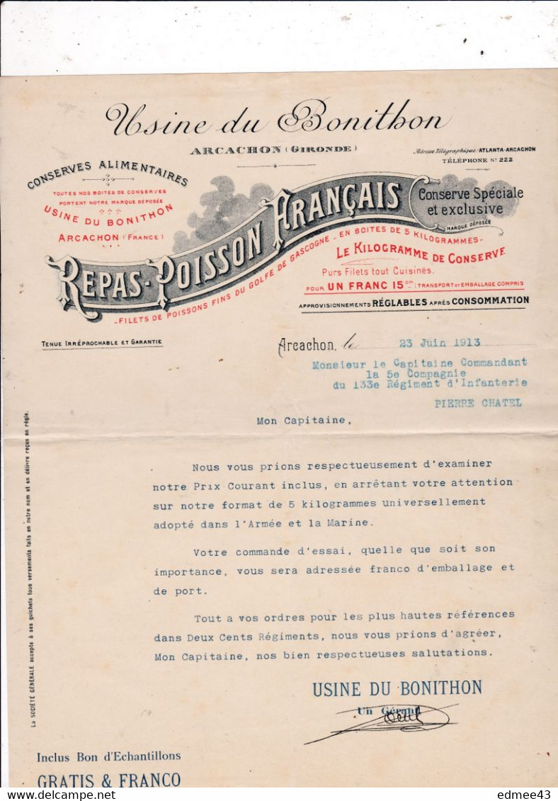 Courrier Poisson Conserves Usine Du Bonithon, Arcachon, Gironde, 1913 Captaine Pierre Chatel 5e Cie 133e Régt Infanterie - Documents