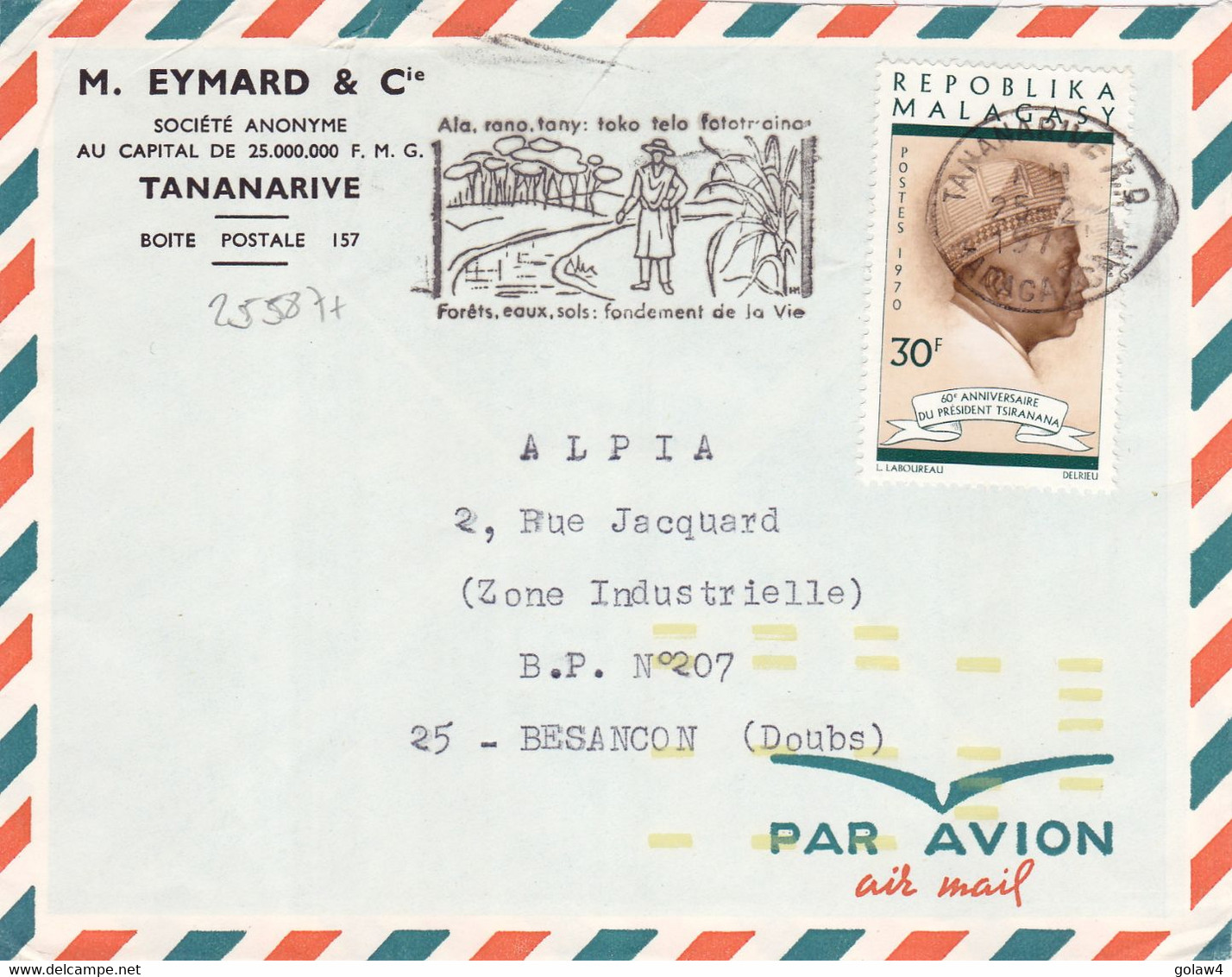 25587# AUTOMATISATION BARRES JAUNE FLUO TRI AUTOMATIQUE LETTRE Obl TANANARIVE MADAGASCAR 1971 BESANCON DOUBS AUTOMATION - Lettres & Documents