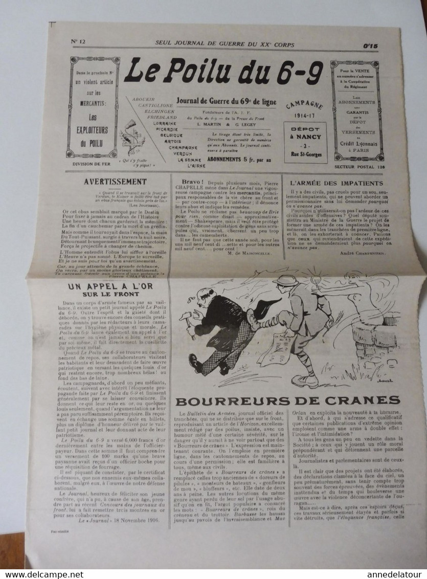 N° 12 LE POILU Du 6-9 (Journal De Guerre Du 69e De Ligne) Le Tableau D'Honneur Et Les Citations; Humour; Etc - French