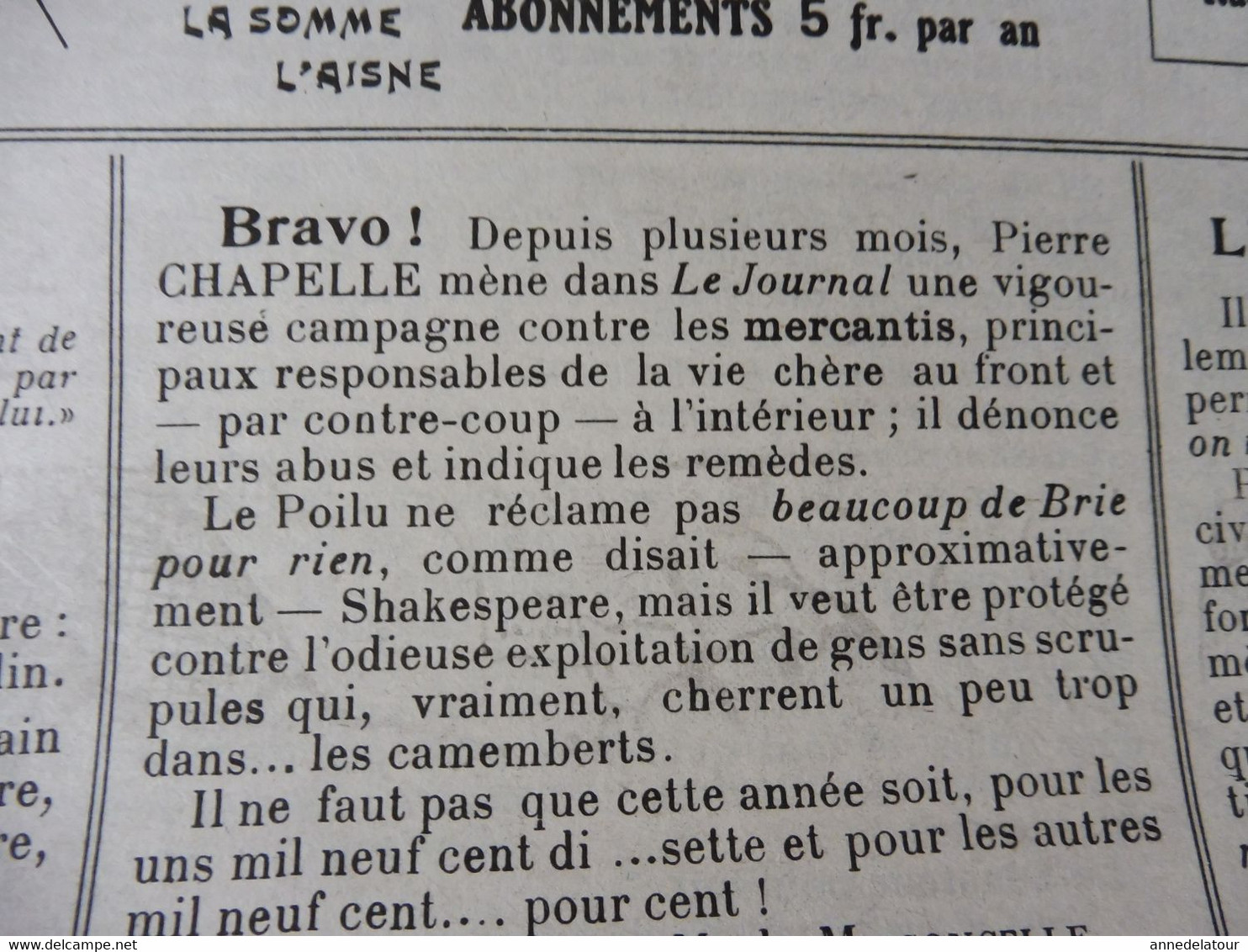 N° 12 LE POILU du 6-9 (Journal de Guerre du 69e de ligne) Le Tableau d'Honneur et les Citations; Humour; etc