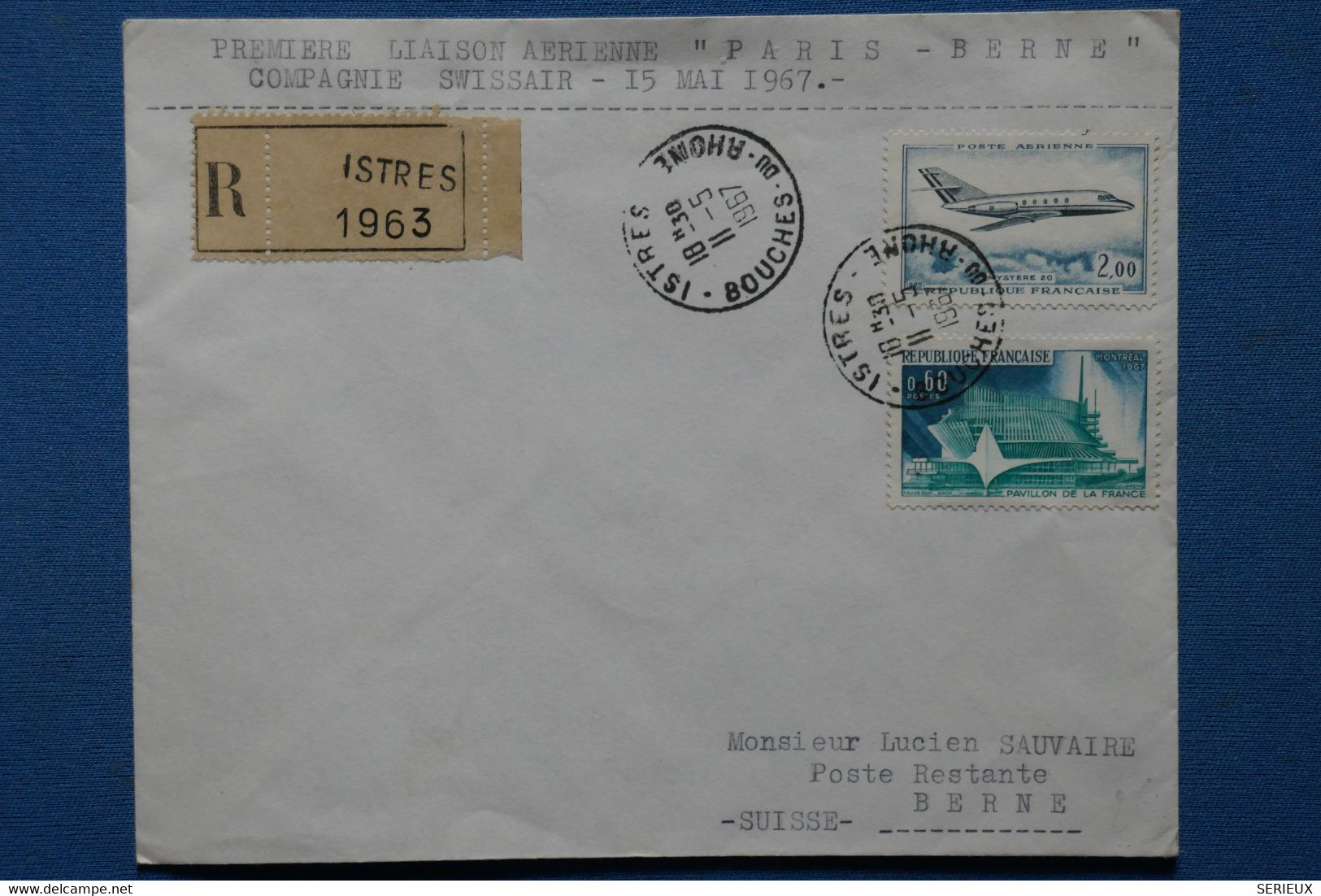 ¤12 FRANCE   LETTRE RECOM. 1967 PREMIERE LIAISON  PARIS  POUR BERNE. SWISSAIR + AEROPHILATELIE +AFFRANCH . INTERESSANT - Premiers Vols