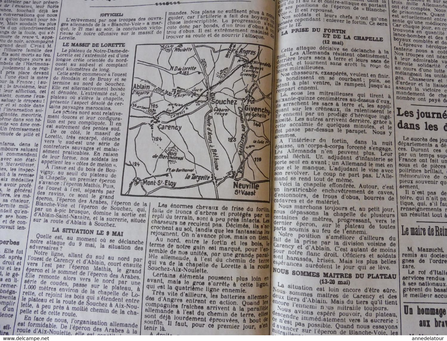 25 mai 1915 LE PETIT PARISIEN : La conquête du Massif de Lorette; L'Italie a déclaré la guerre à l'Autriche-Hongrie; etc