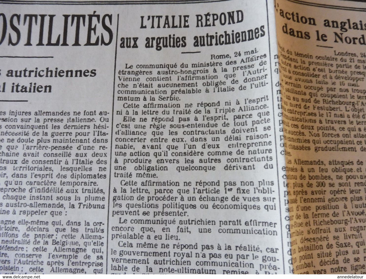 25 mai 1915 LE PETIT PARISIEN : La conquête du Massif de Lorette; L'Italie a déclaré la guerre à l'Autriche-Hongrie; etc