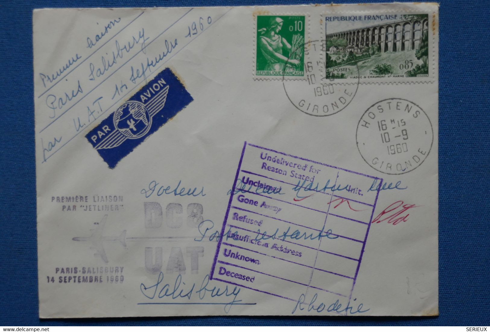 ¤12 FRANCE   LETTRE RECOM. 1960 PREMIERE LIAISON  PARIS SALISBURY RHODESIA  + AEROPHILATELIE +AFFRANCH . INTERESSANT - Eerste Vluchten