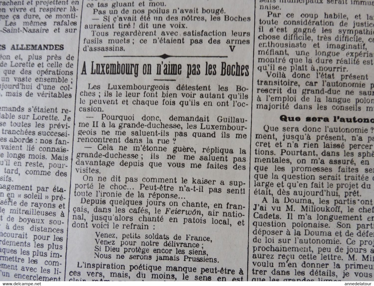 26 mai 1915 LE PETIT PARISIEN :Bataille de Lorette; Premières journées de la guerre entre l'Italie et l'Autriche; etc