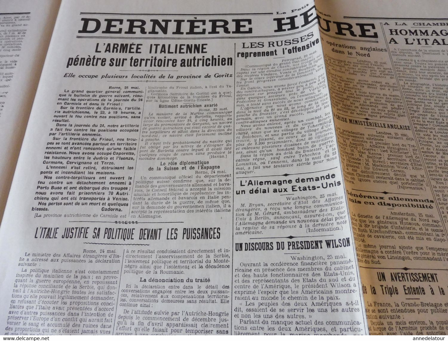 26 mai 1915 LE PETIT PARISIEN :Bataille de Lorette; Premières journées de la guerre entre l'Italie et l'Autriche; etc