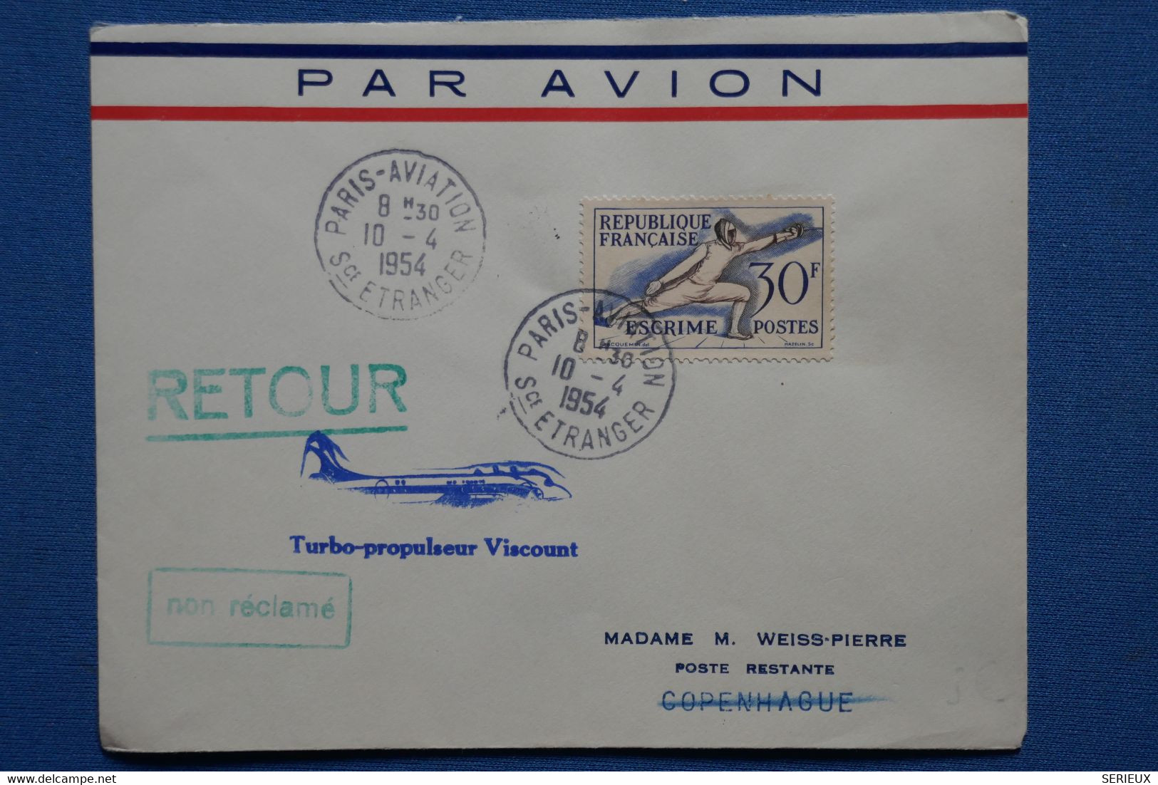 ¤12 FRANCE  BELLE  LETTRE   1954    PARIS POUR COPENHAGUE+ +AFFRANCH . PLAISANT - Primeros Vuelos