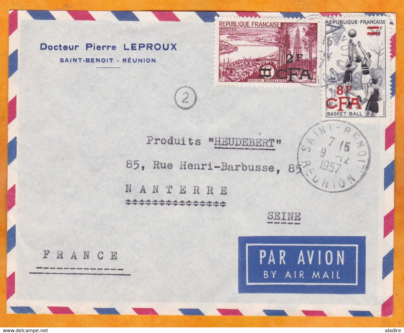 1957 - Enveloppe Par Avion De Saint Benoit, Réunion CFA Vers Nanterre, France - Basket Et Région Bordelaise - Briefe U. Dokumente