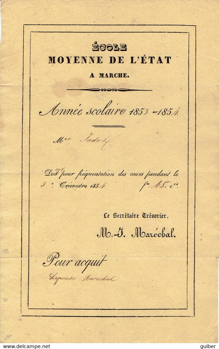 Ecole Moyenne De L'état A Marche En Famenne Année Scolaire 1853/1854 - Diplomas Y Calificaciones Escolares
