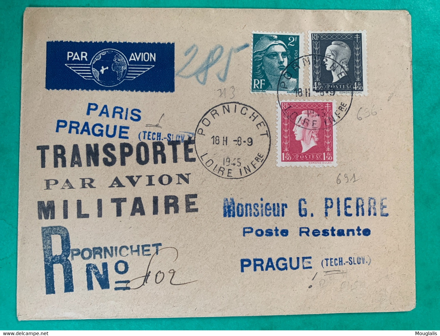 No 696 691 Et 713 Sur Enveloppe Transportée Par AVION MILITAIRE Recommandé Pornichet 1945 Vers PRAGUE Marcophilie TTB - Correo Aéreo Militar