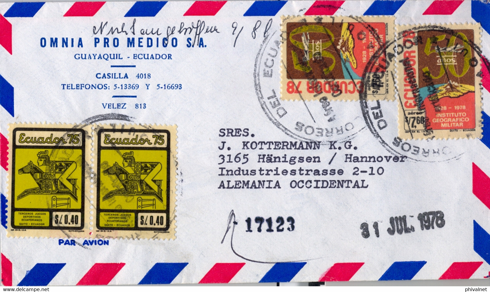 1978 ECUADOR , GUAYAQUIL - HANNOVER , SOBRE CIRCULADO , CORREO AÉREO , INSTITUTO GEOGRÁFICO MILITAR , HIPICA - Ecuador